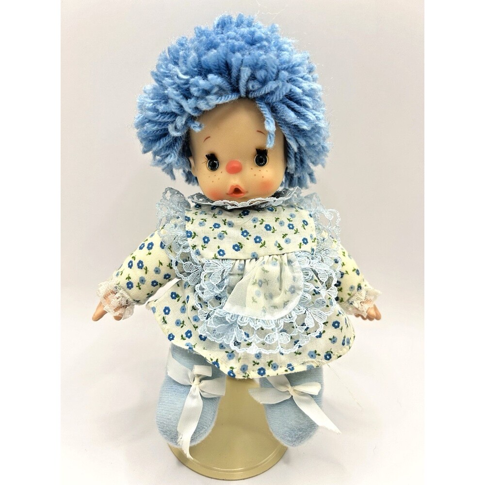 Vintage Cean Toys Doll Blue Yarn Hair 7" Plush Floral Dress Baby Doll 80's